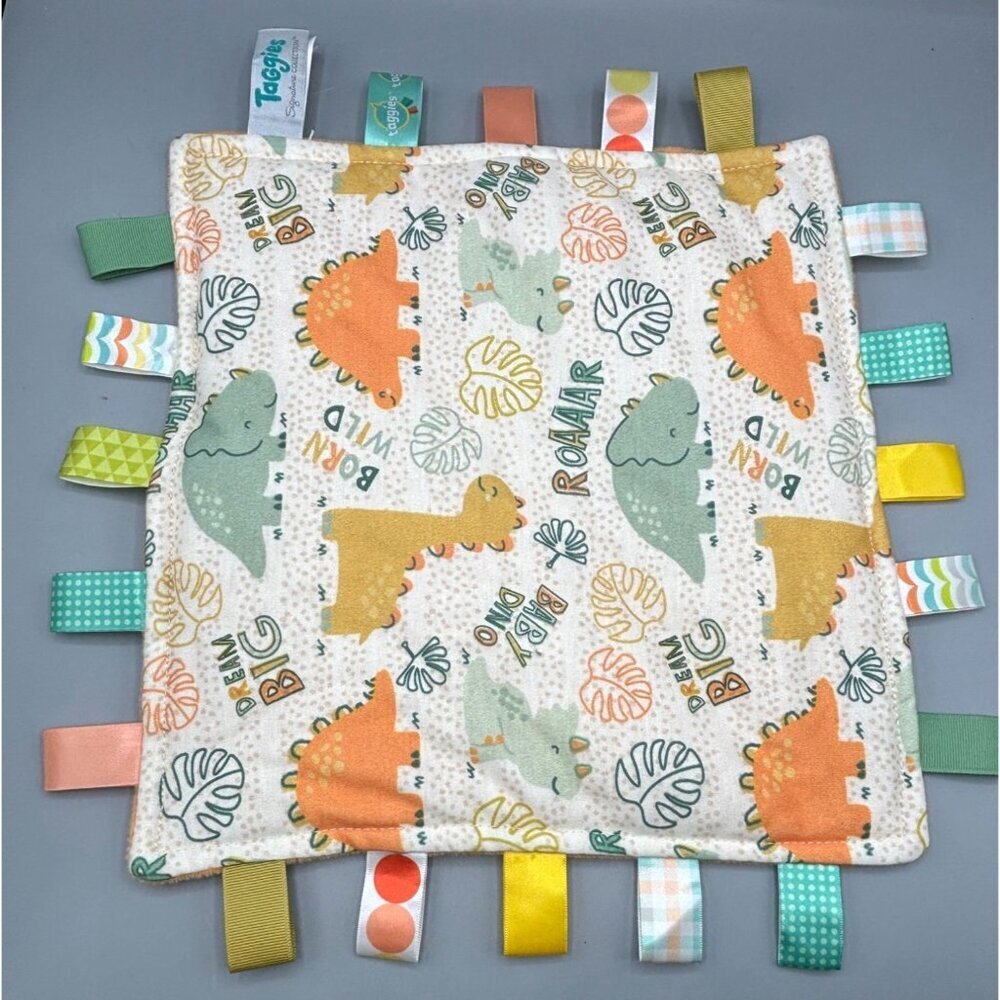 Taggies Baby Dinosaur Lovey Blanket Colorful‎ Ribbons Plush Security Blanket